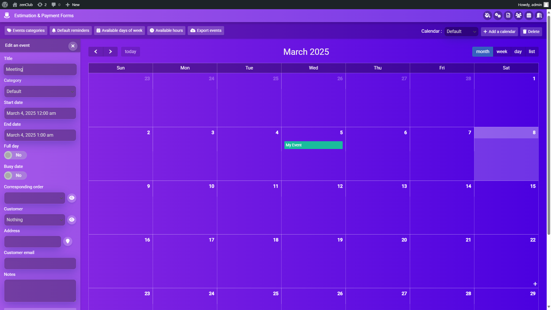 Calendar Management Panel