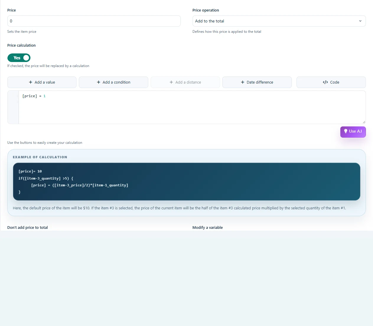 WordPress price calculation editor with its Use A.I button