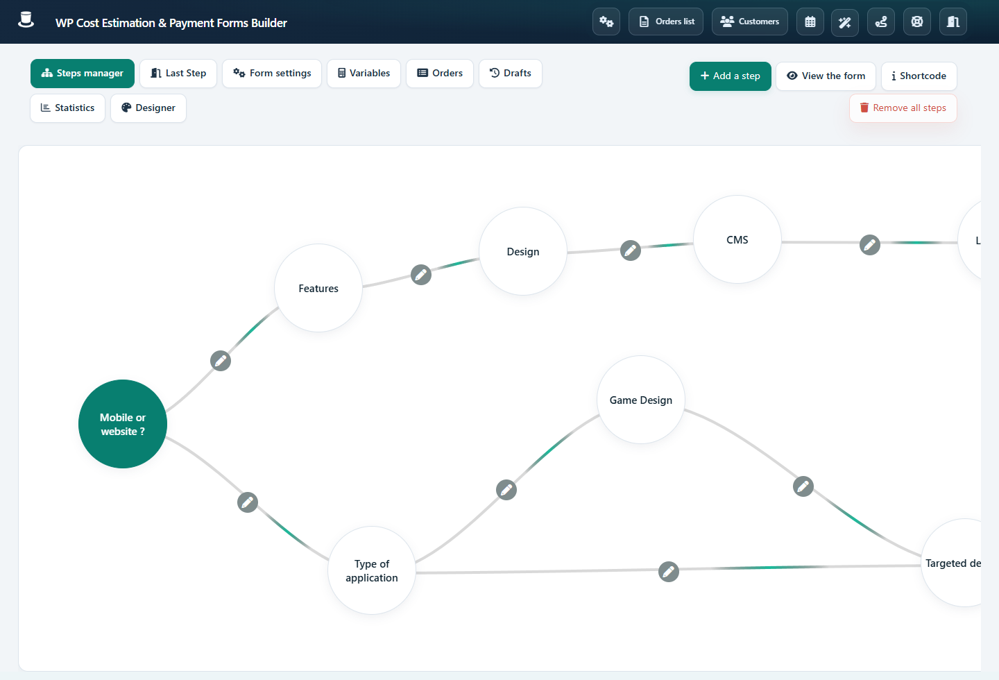Visual step manager for an existing WordPress quote form