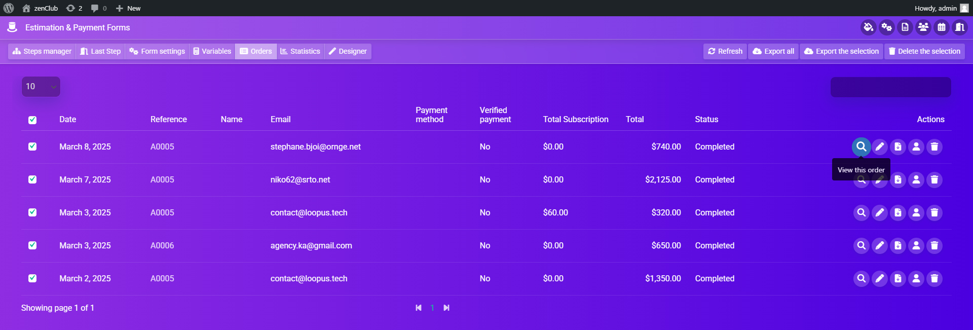 View Orders Button in Forms List