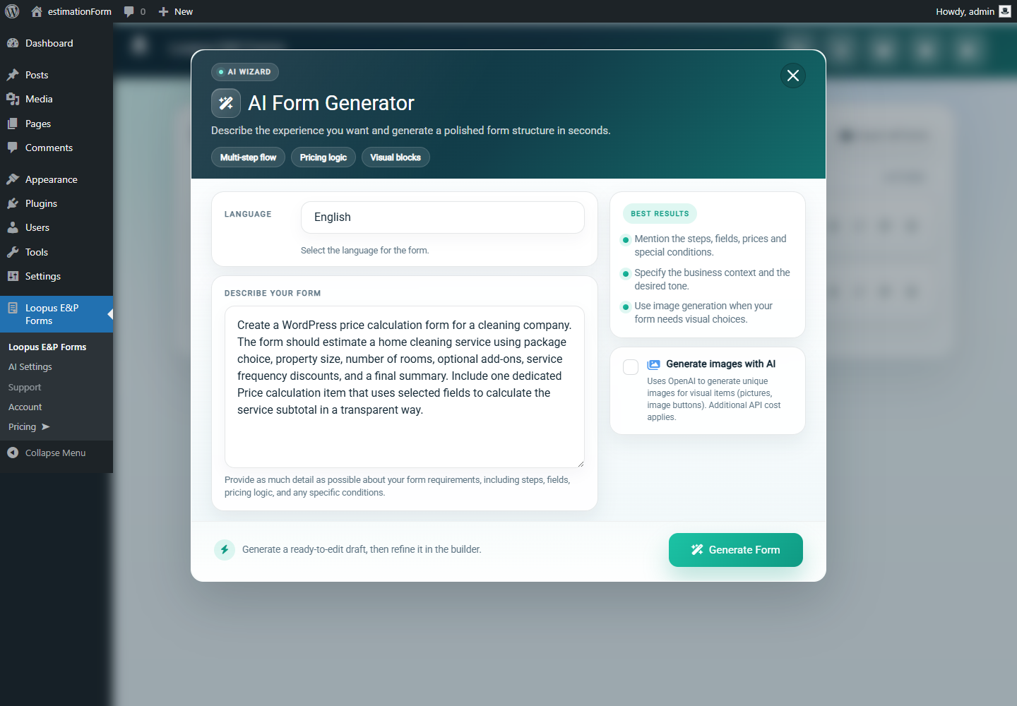 AI wizard prompt for creating a WordPress price calculation form