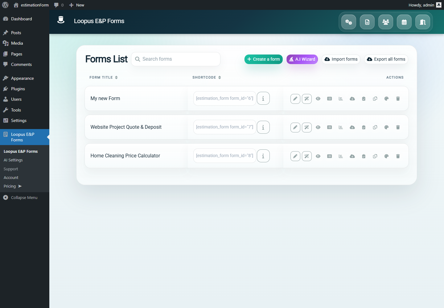 WordPress admin forms list showing a price calculation form