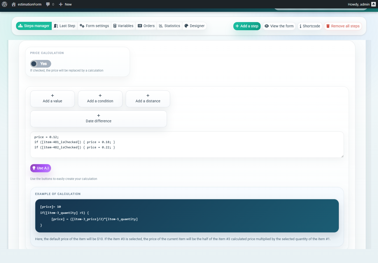 Price calculation settings in the WordPress form builder