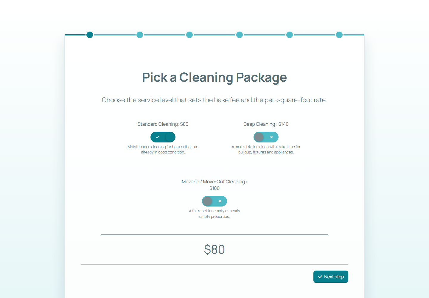Frontend package selection step in a WordPress price calculator