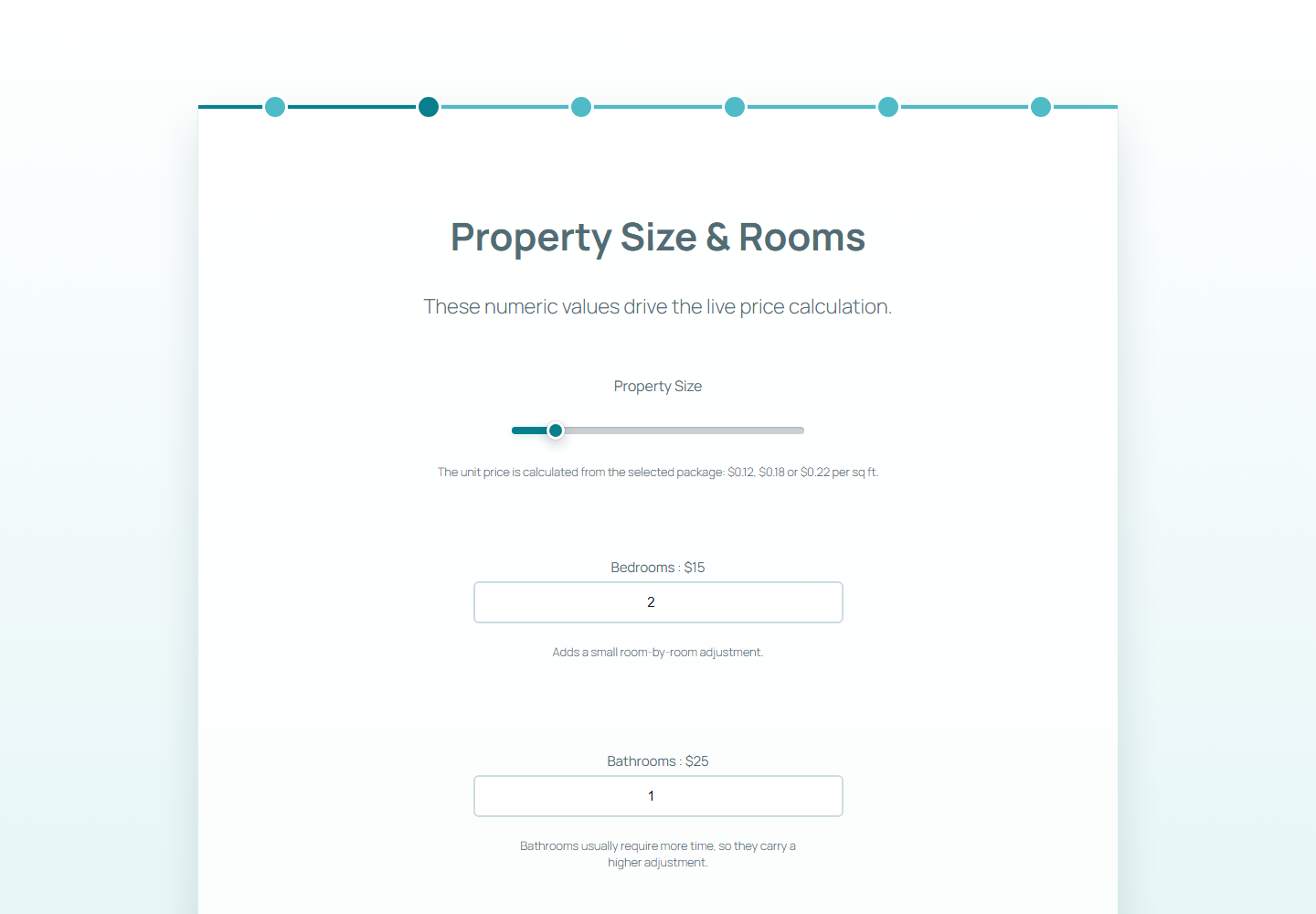 Frontend property size price calculation step