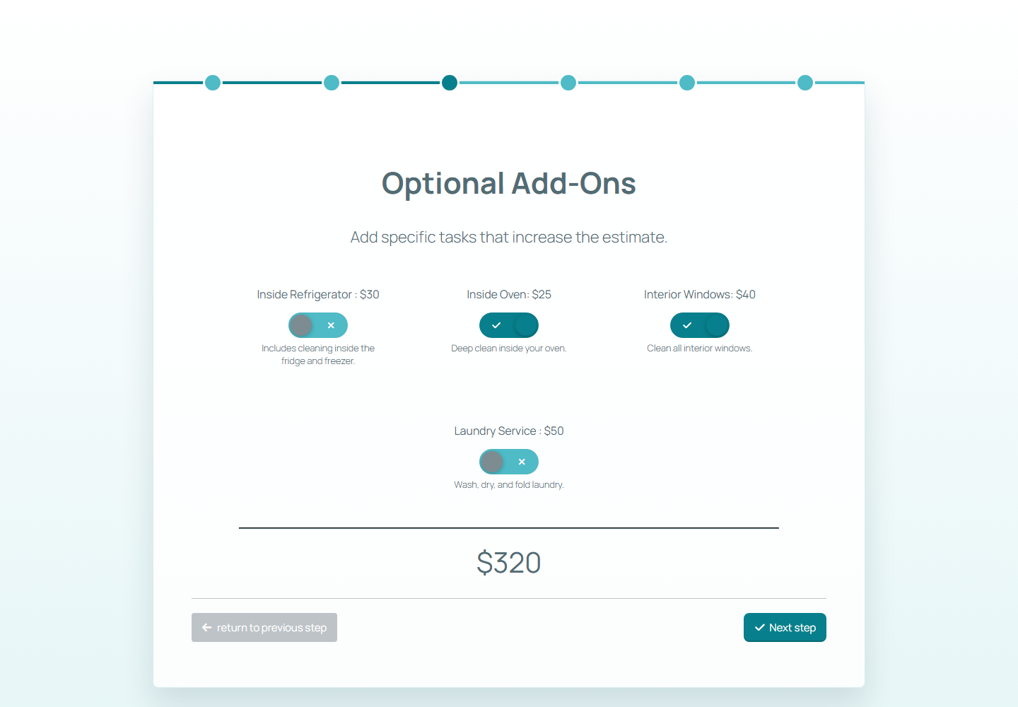 Optional add-ons selected in a WordPress price calculator