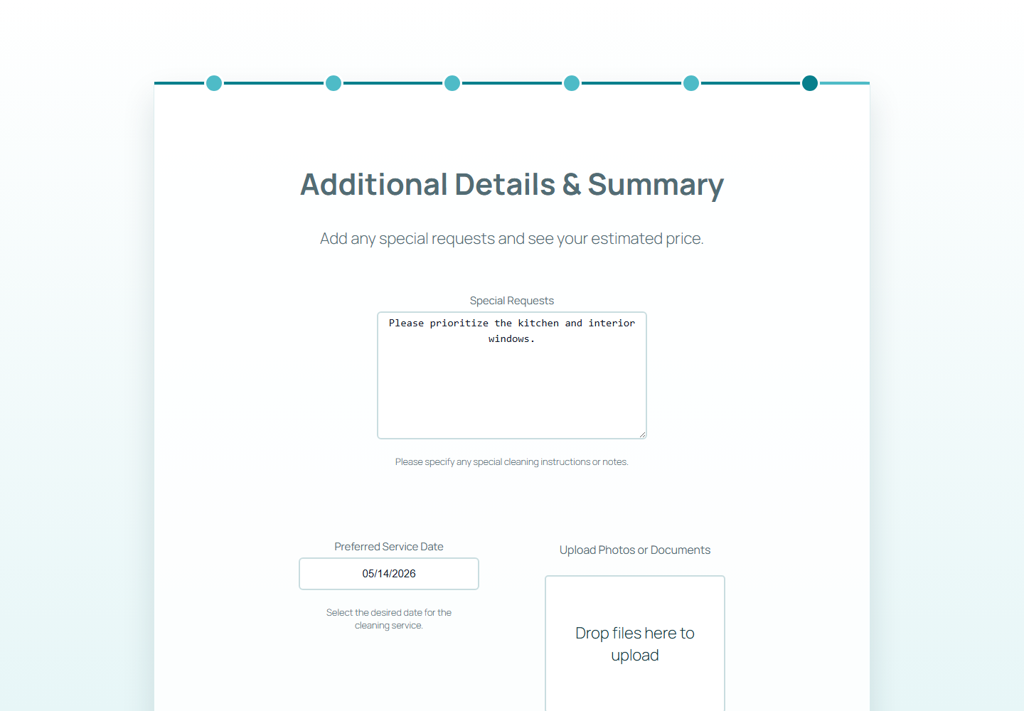 Additional details step before the final price summary
