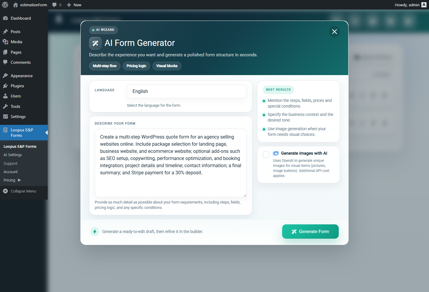 AI wizard prompt for creating a WordPress quote form with Stripe payments