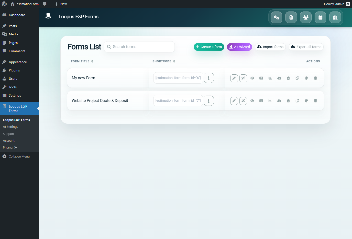 WordPress admin forms list showing the quote form