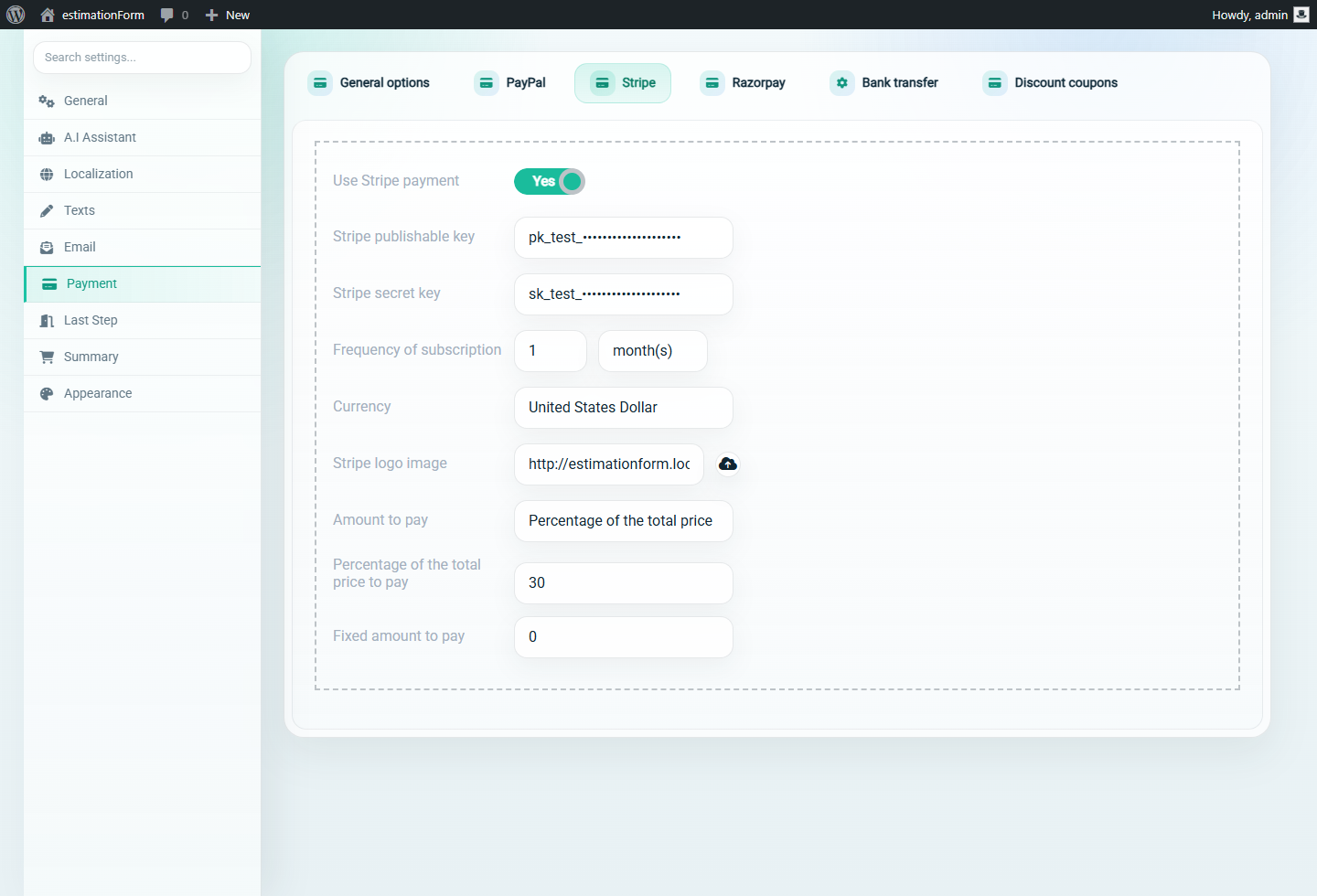 Stripe settings configured in the WordPress quote form backend