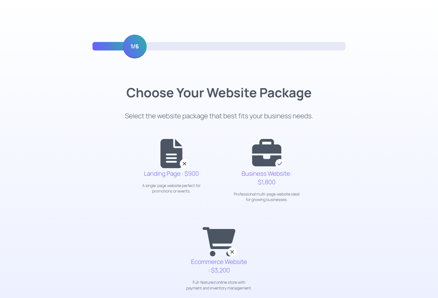 Selected package in a frontend WordPress quote form