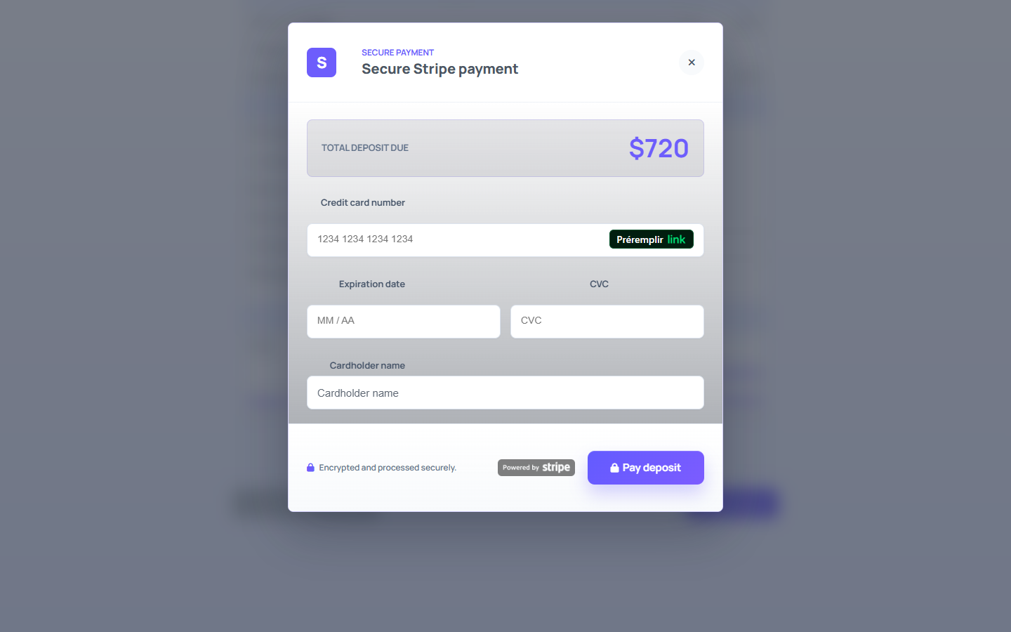 Stripe payment modal opened from a WordPress quote form