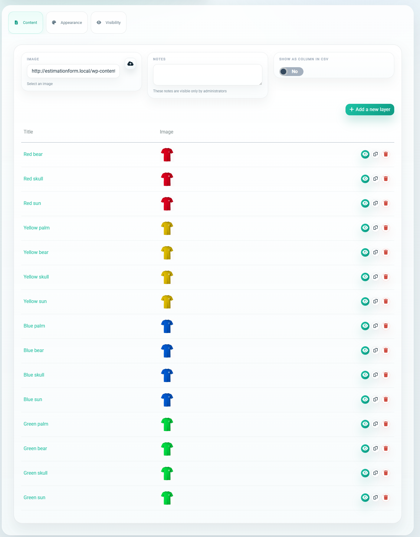 Dynamic Image Image layers table in the plugin backend