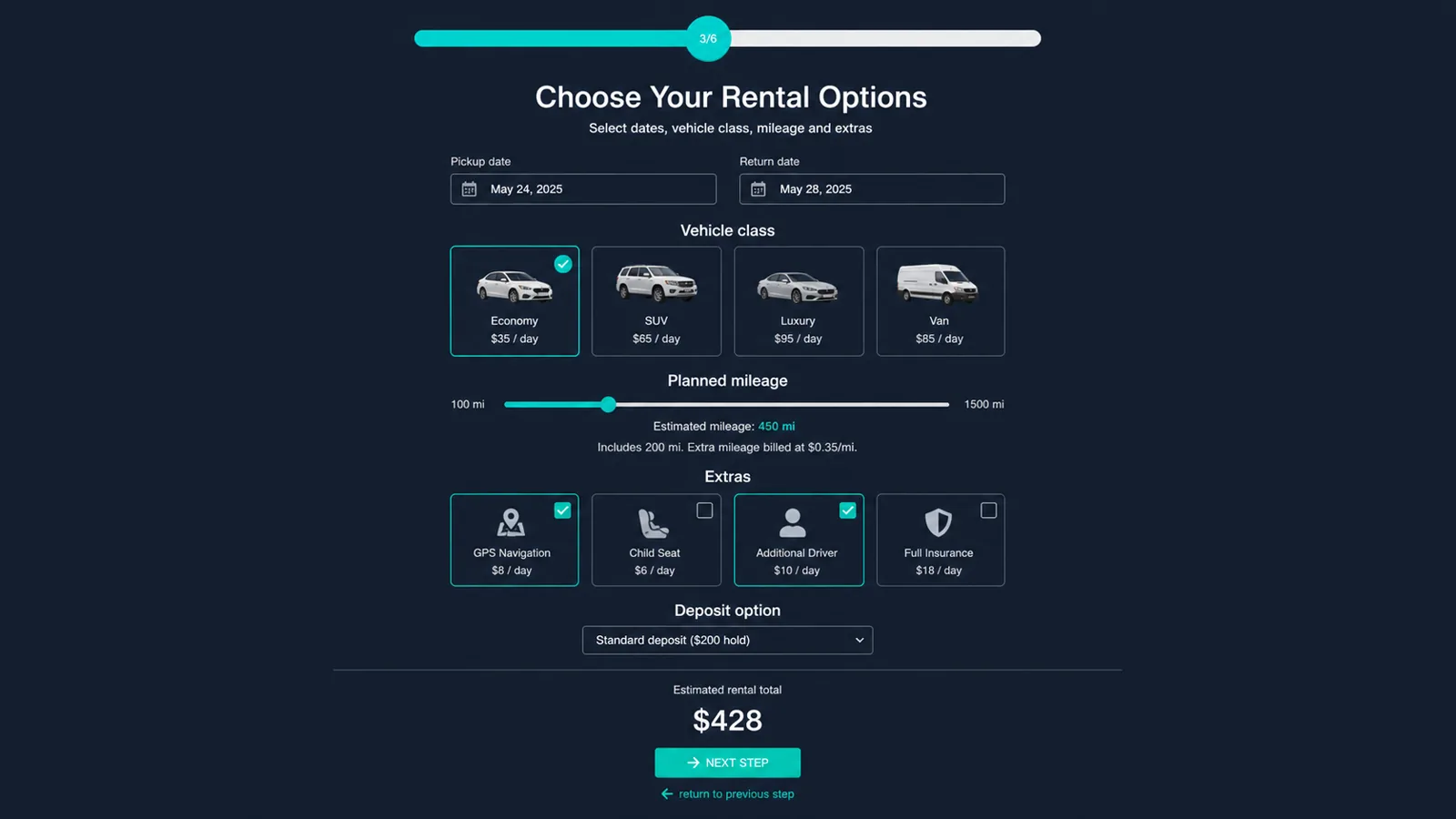 Car rental quote form with vehicle options, rental duration, extras, insurance and deposit options