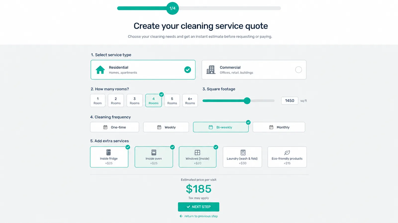 Cleaning service quote calculator form with rooms, square footage, frequency and extras