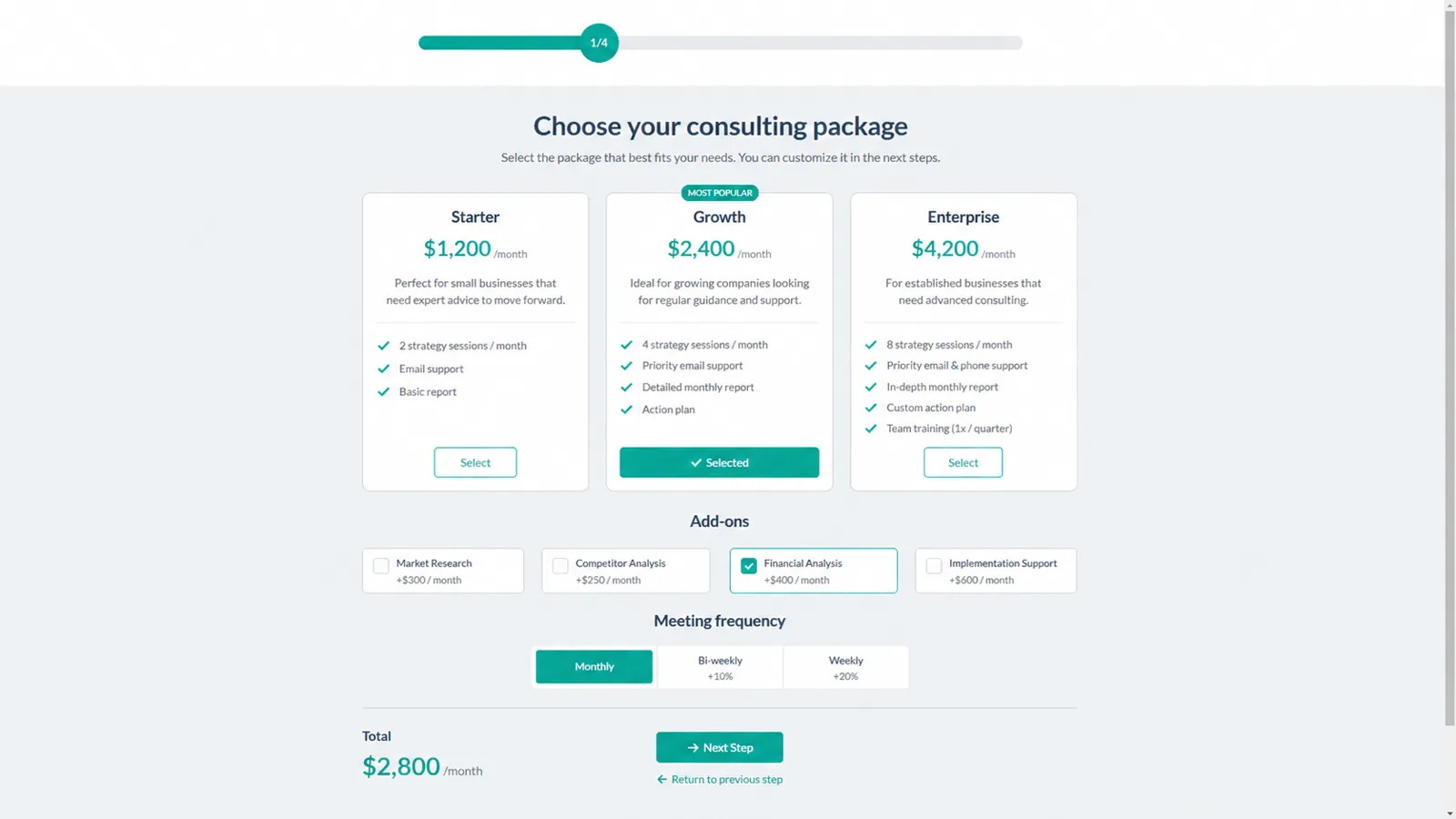 Consulting package calculator form with package tiers, add-ons, meeting frequency and monthly total