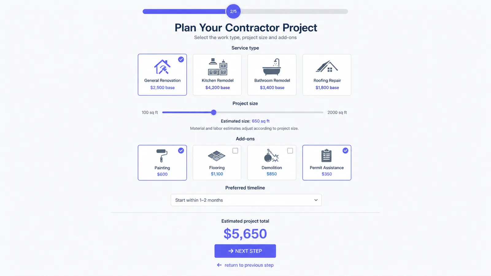 Contractor project quote calculator form with service type, project size, add-ons and estimated total