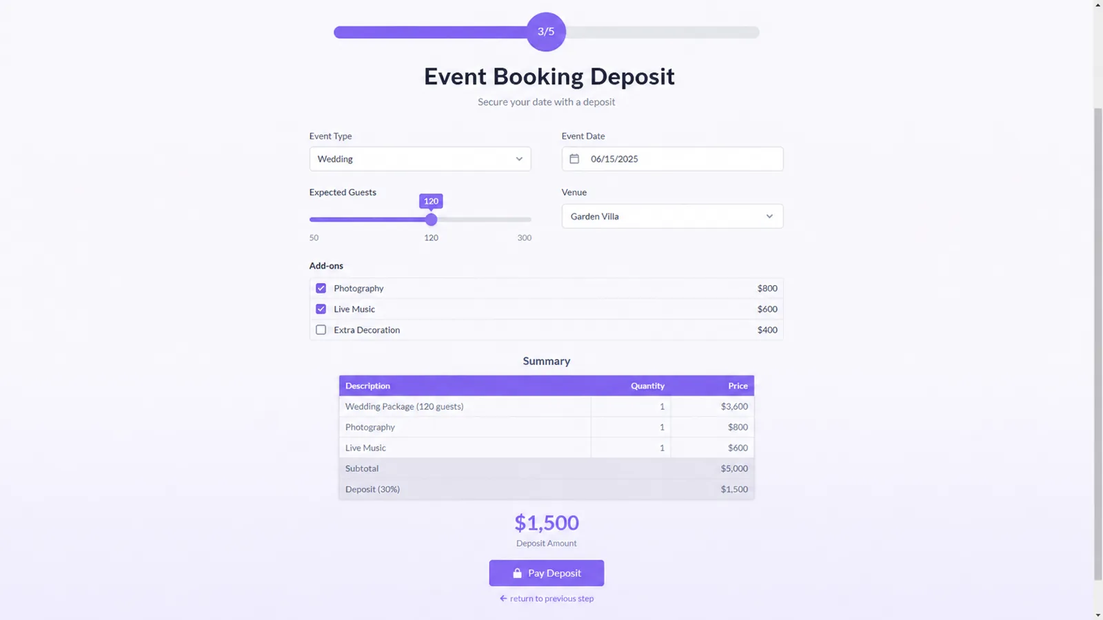 Event booking deposit form with event details, guest count, add-ons, summary and deposit amount