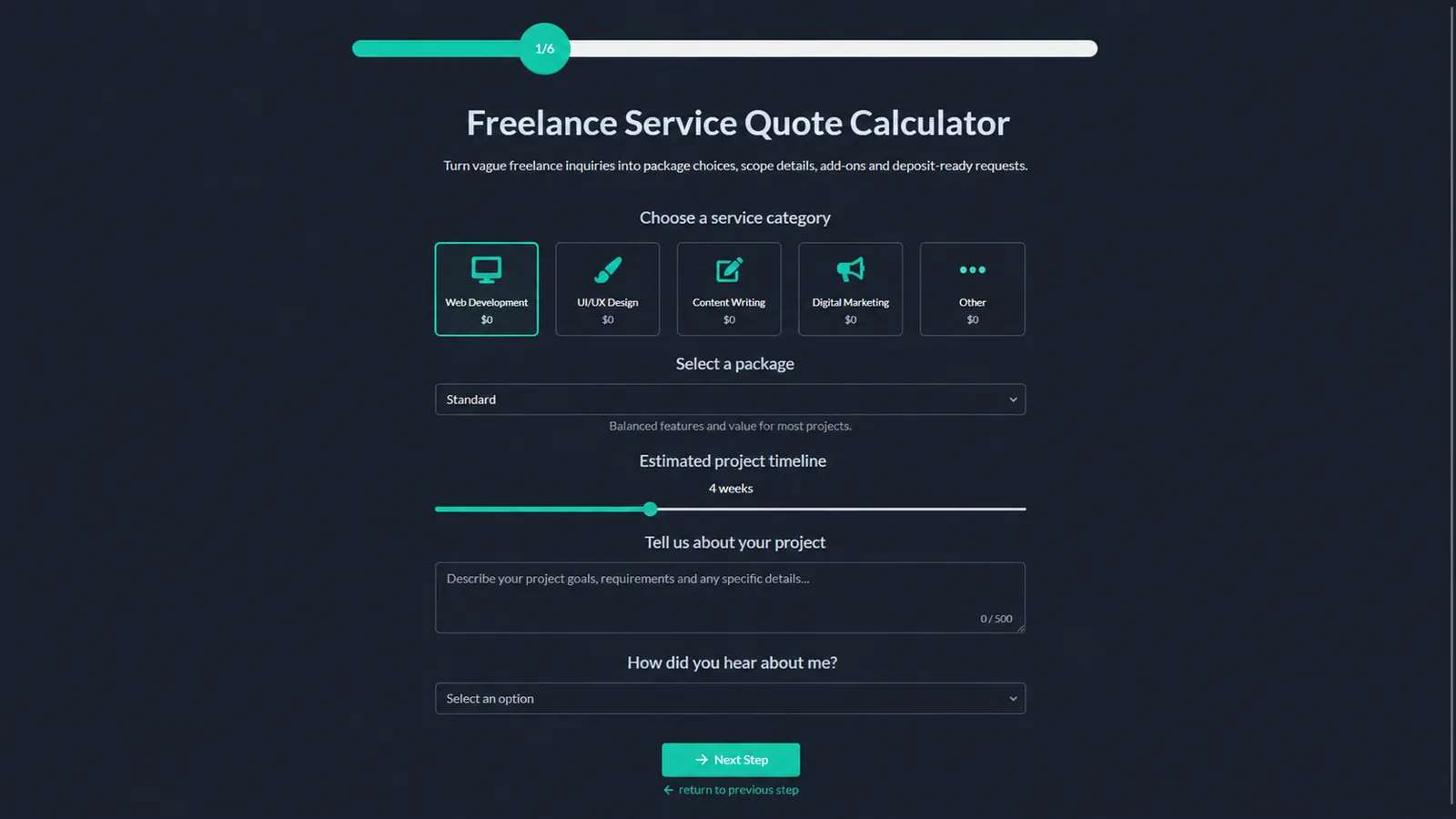 Freelance service quote calculator form with service category, package, timeline and project details