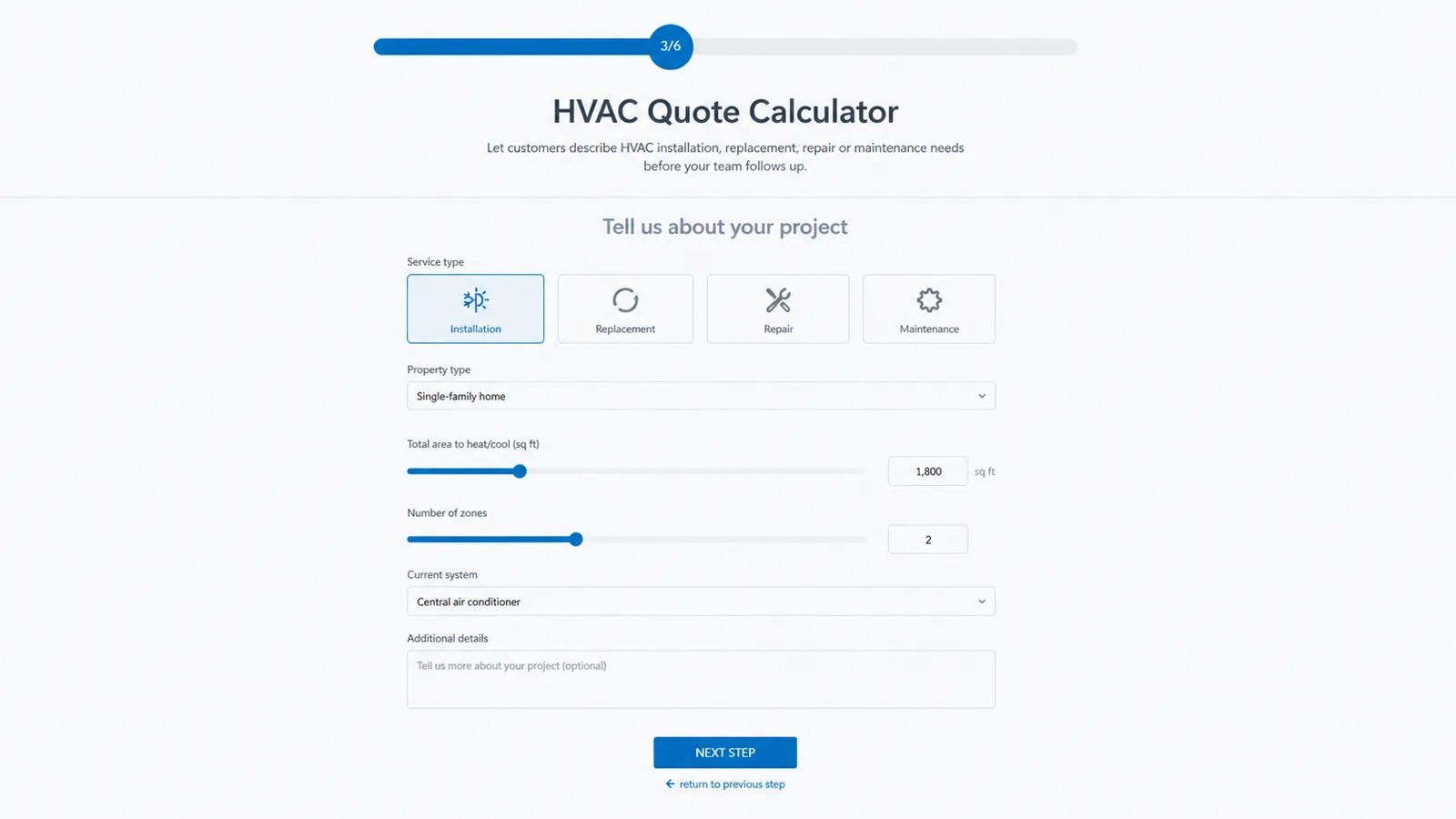 HVAC quote calculator form with service type, property size, zones, system type and project details