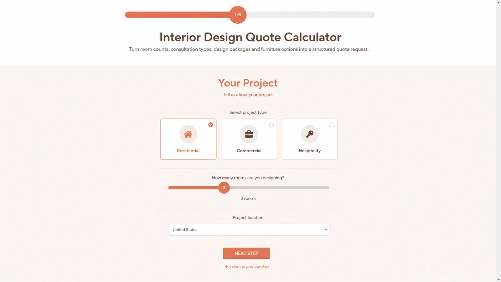 Interior design quote calculator form with project type, room count and project location