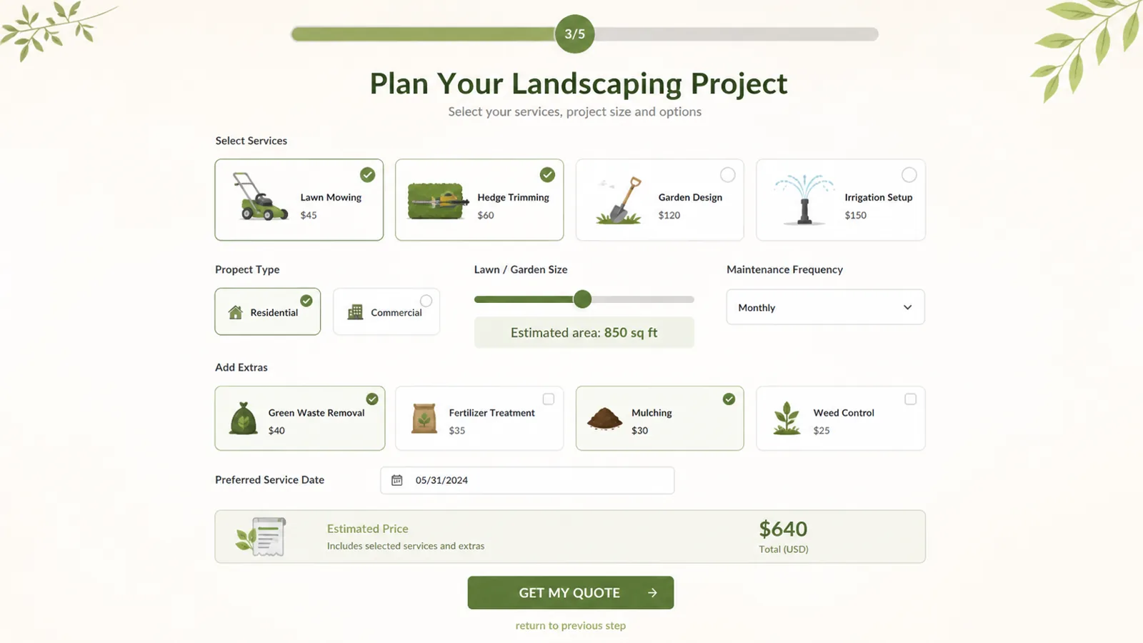 Landscaping quote calculator form with services, project size, extras and estimated price