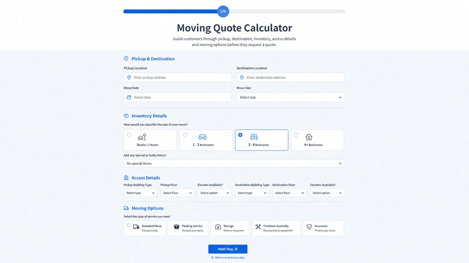Moving quote calculator form with pickup, destination, inventory, access details and moving options