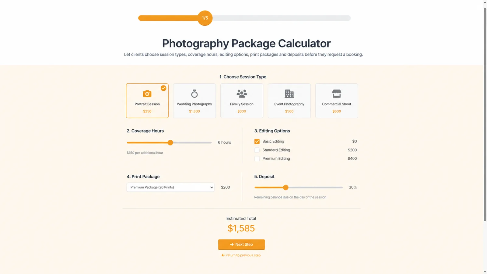 Photography package calculator form with session type, coverage hours, editing options and deposit