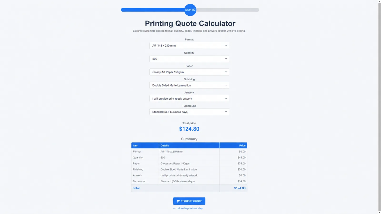 Printing quote calculator form with format, quantity, paper, finishing, artwork and quote summary