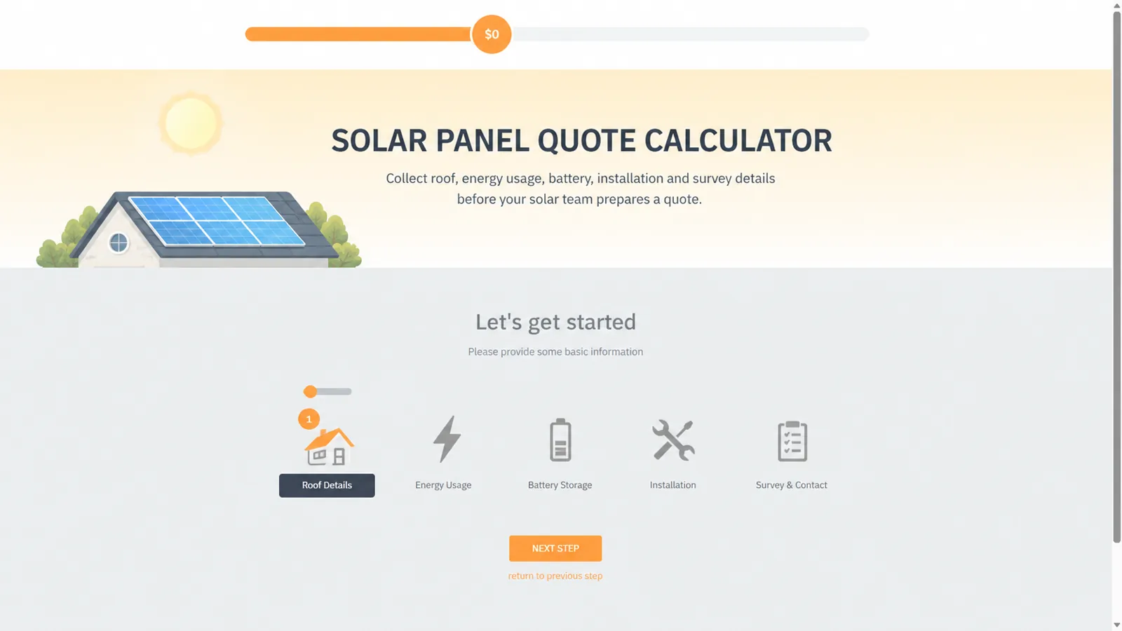 Solar panel quote calculator form with roof details, energy usage, battery storage, installation and survey steps