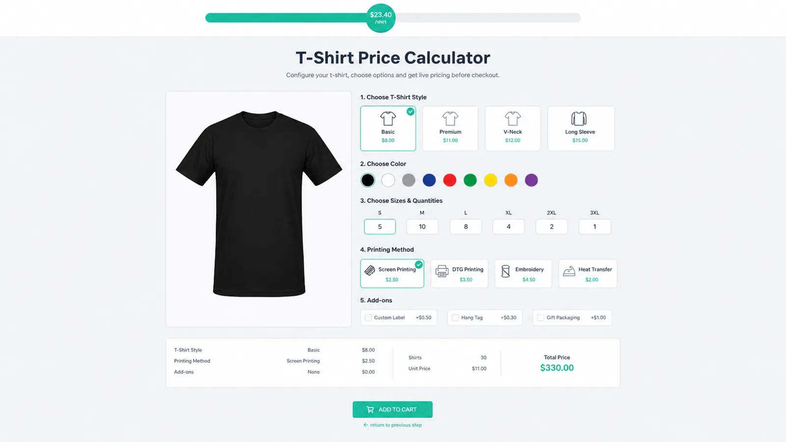 T-shirt price calculator form with shirt style, colors, sizes, printing method and WooCommerce total