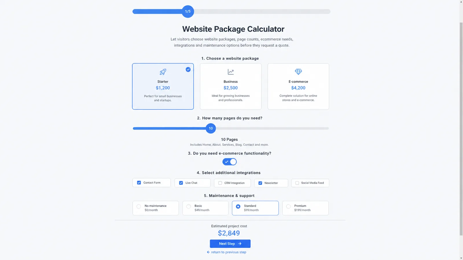Website package calculator form with package tiers, page count, ecommerce option, integrations and maintenance plan