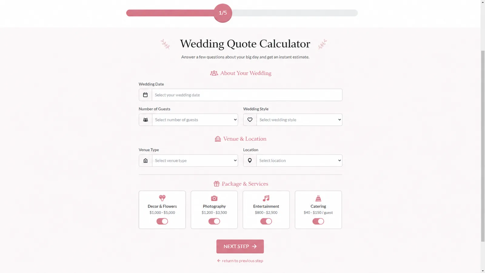 Wedding quote calculator form with wedding date, guests, venue, services and package options