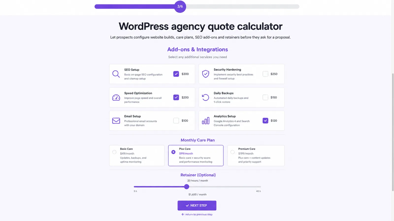 WordPress agency quote calculator form with add-ons, care plans and retainer options