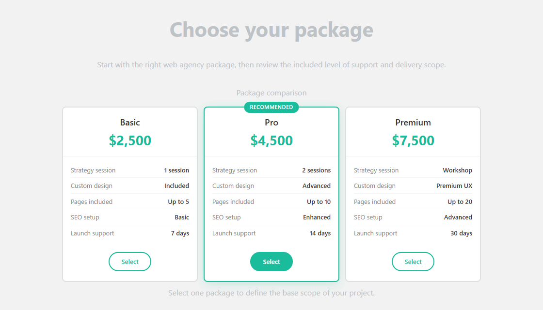 Web agency quote form comparing Basic, Pro and Premium service packages
