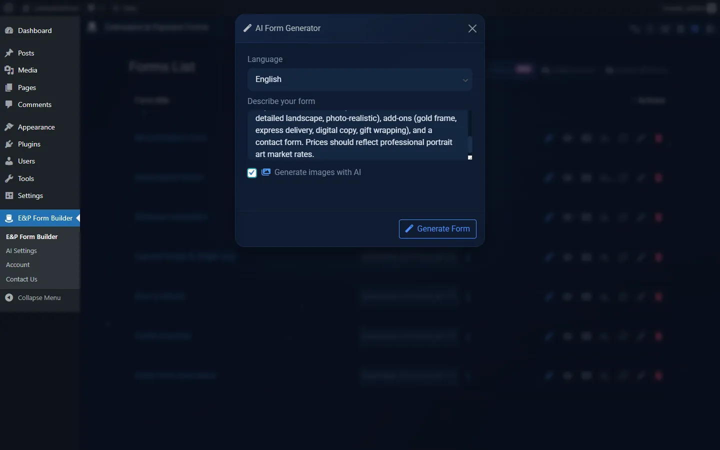 AI form generation wizard for a WordPress quote form