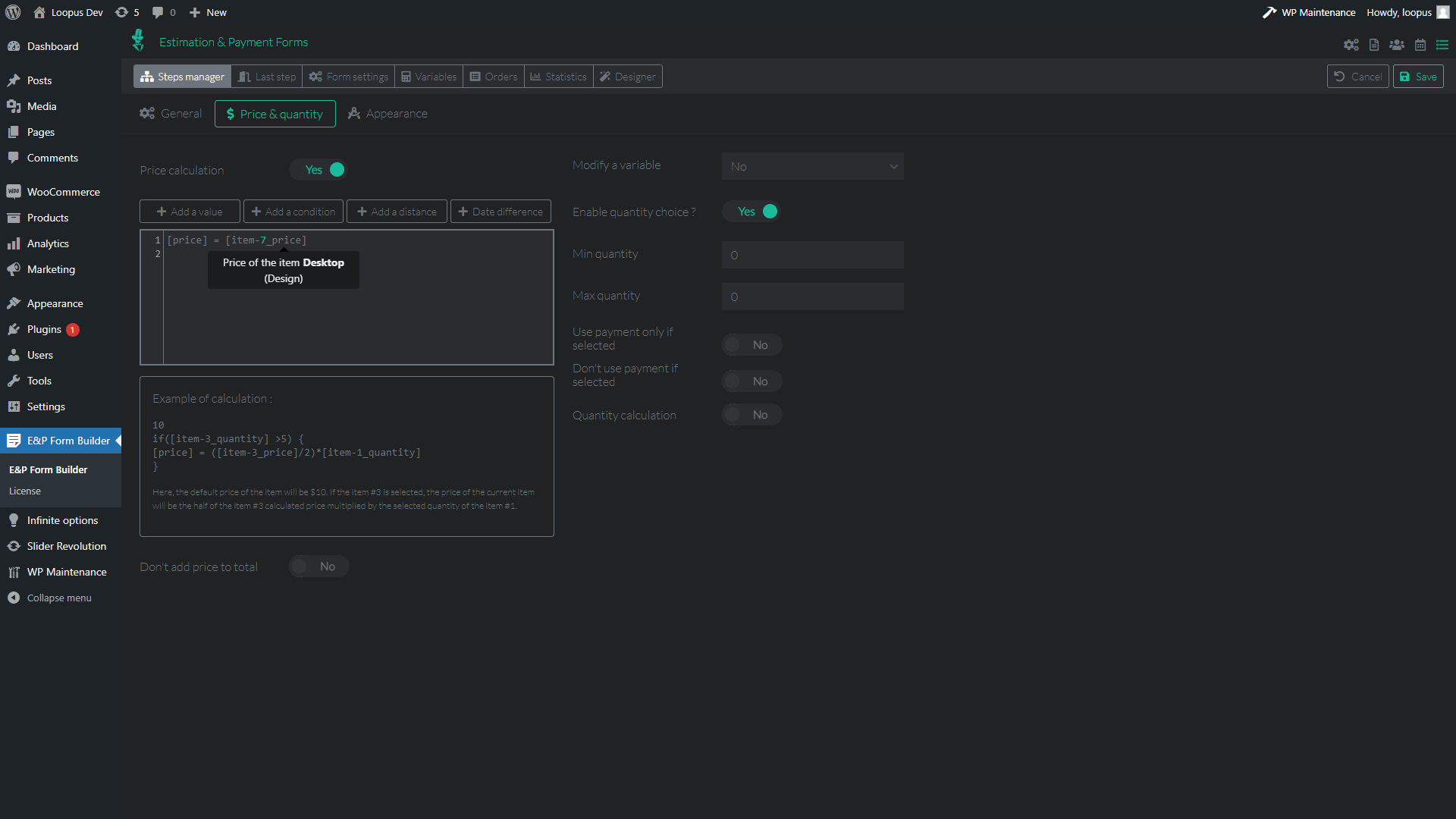 Component Edition Panel - Price Tab