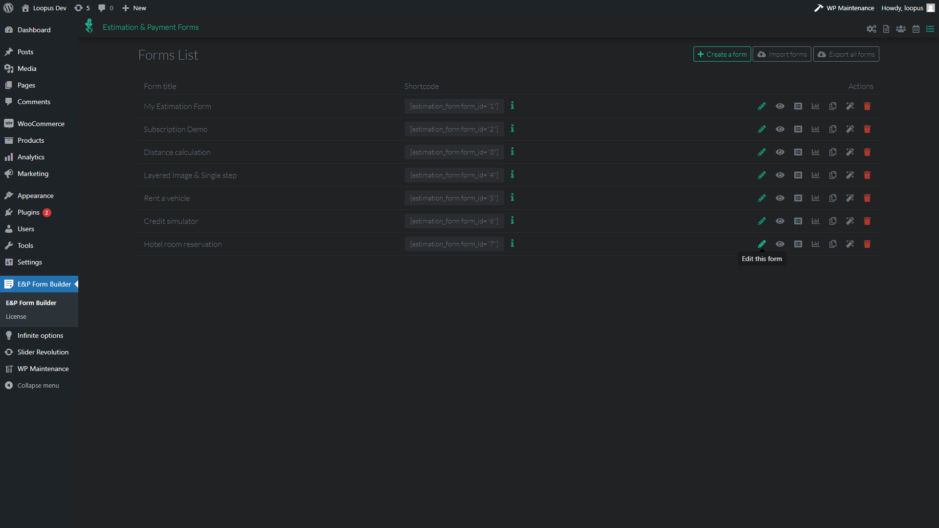 Forms List Panel